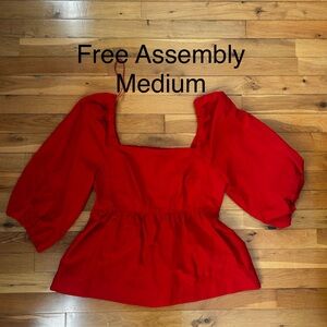 Free Assembly Red Square-Neck Peplum Blouse with Puff Sleeves